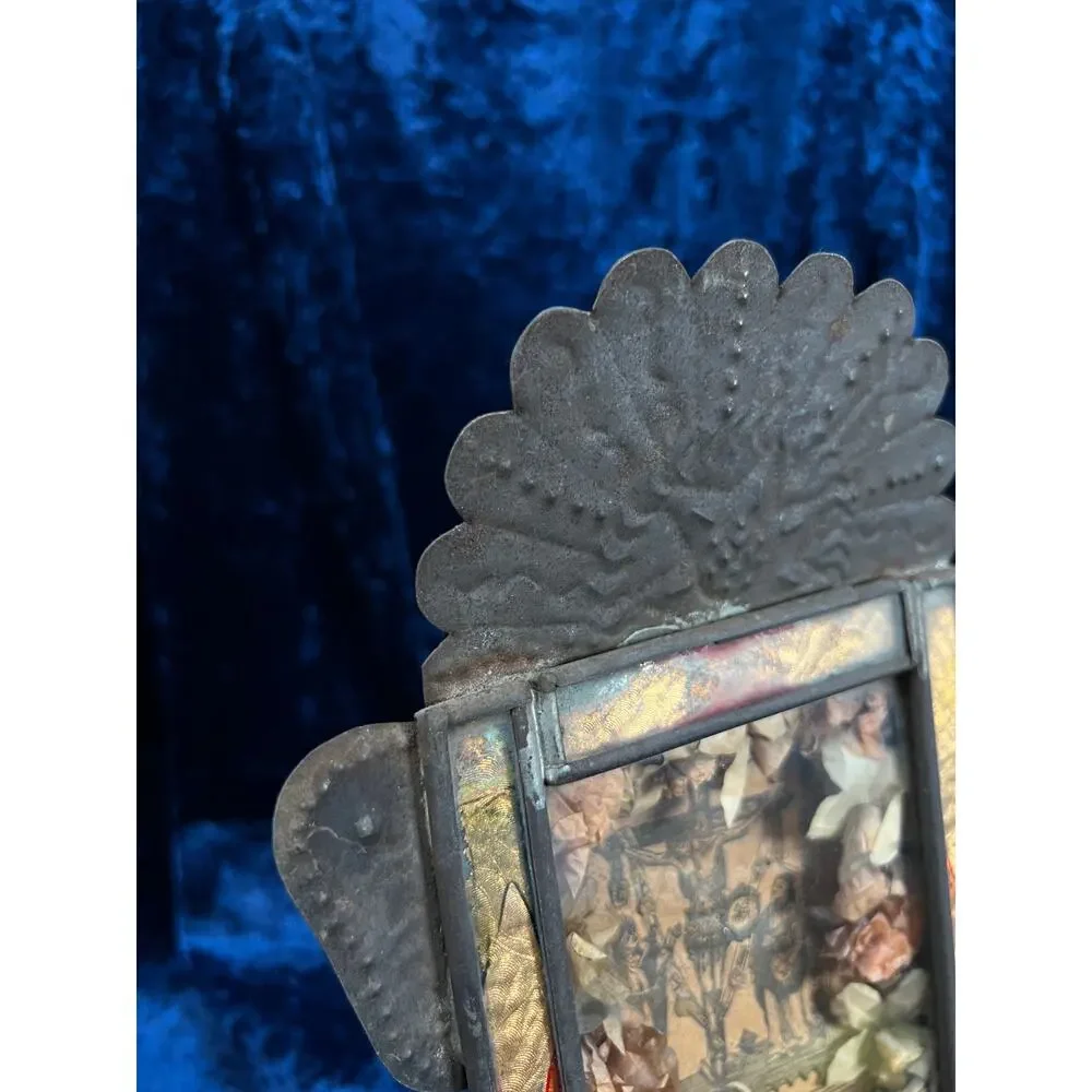 Vintage Metal Religious Shadow Box – Crucifixion Dried Flower Folk Art Shrine